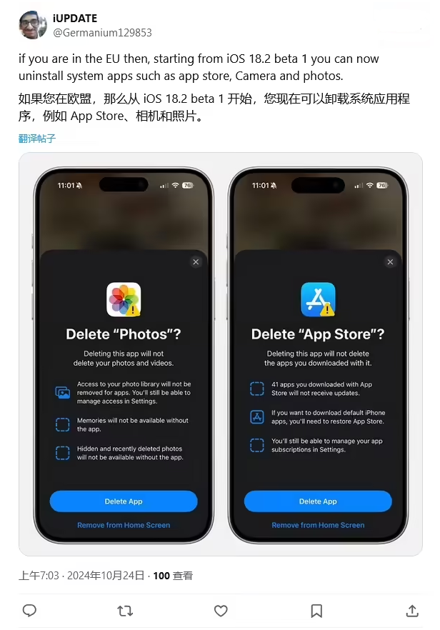 天宁苹果手机维修分享iOS 18.2 支持删除 App Store 应用商店 