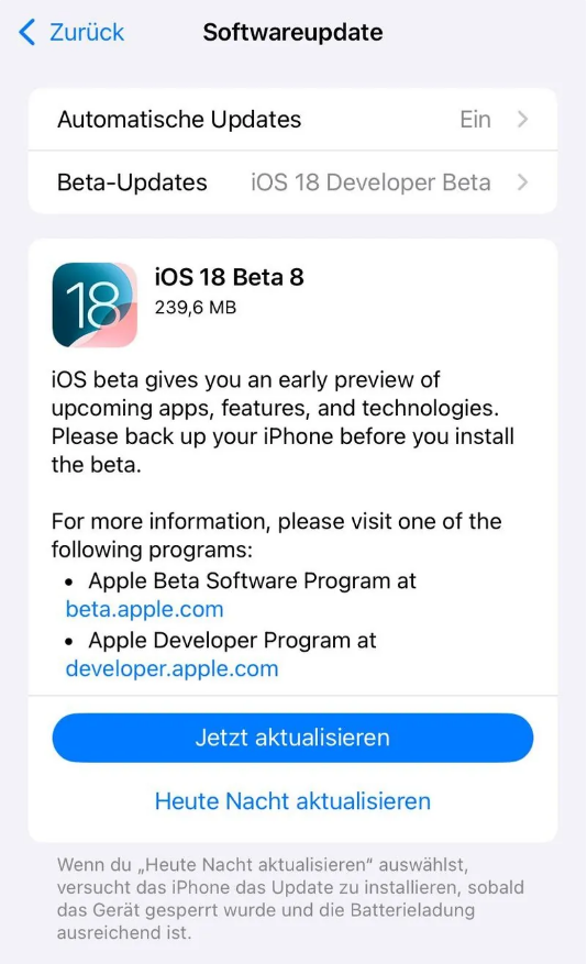 天宁苹果手机维修分享苹果 iOS / iPadOS 18 开发者预览版 Beta 8 发布 